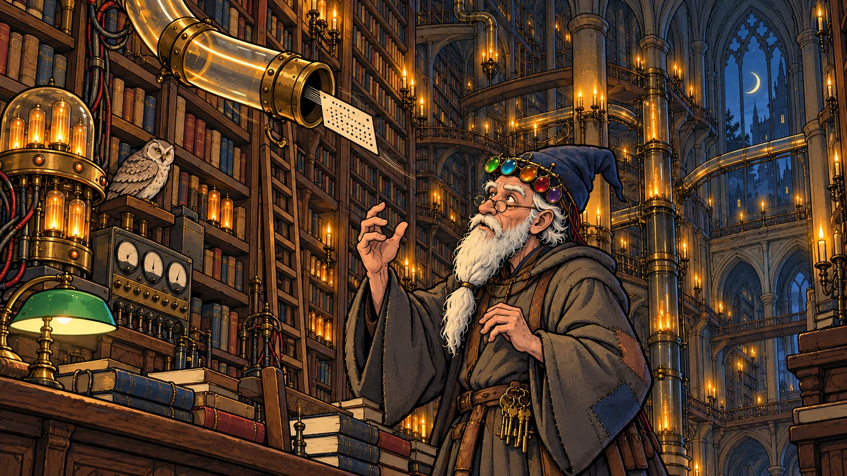 The Librarian receives a question through a pneumatic tube.