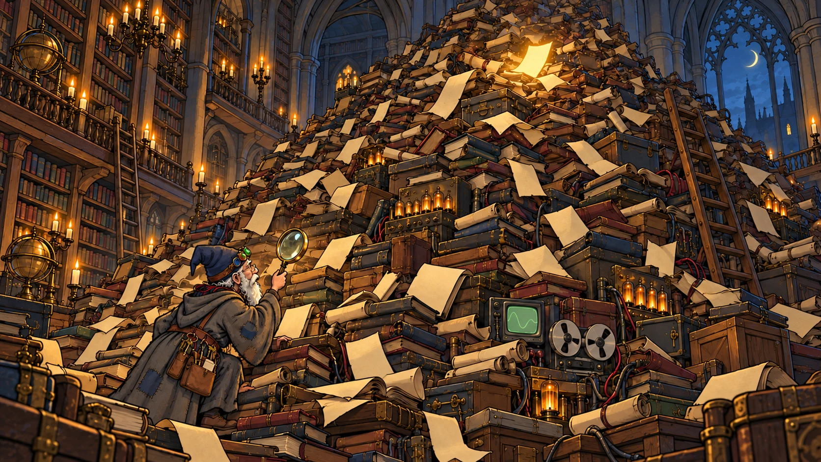 The tiny Librarian searches an enormous heap of books for one glowing page.