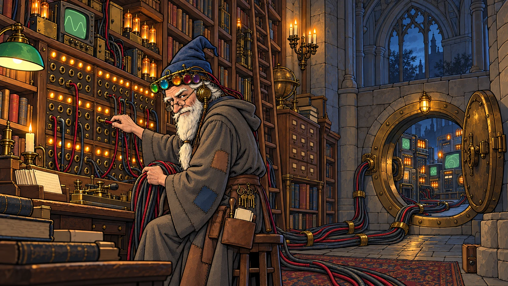 The Librarian at a switchboard, patching the library into machines outside it.