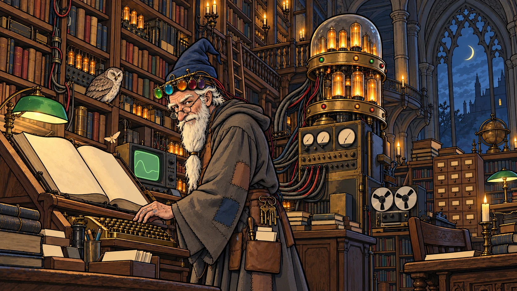 The Librarian at work in a library of books, vacuum tubes and tape machines